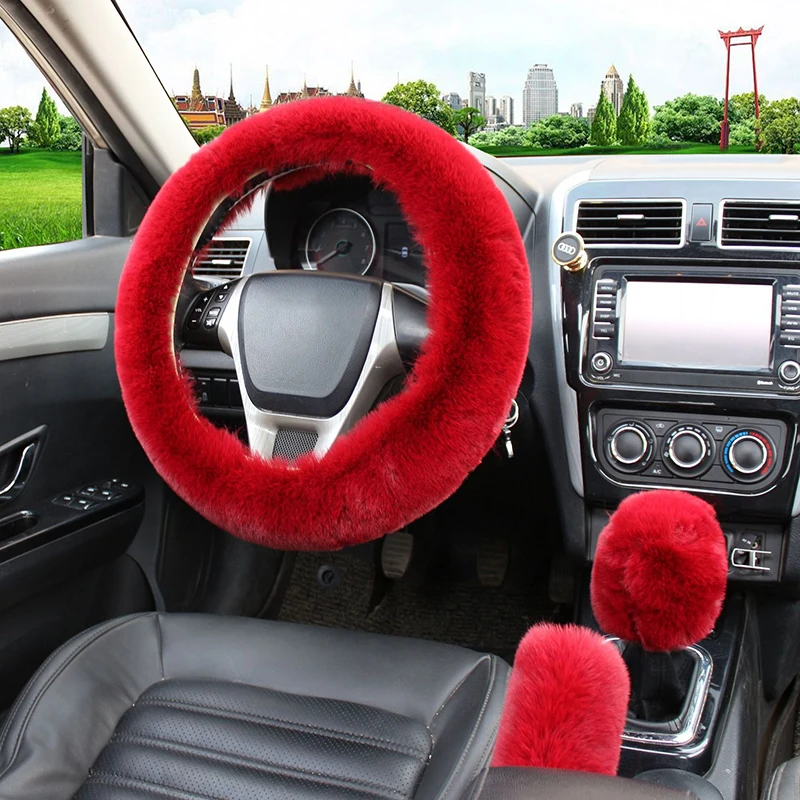 Deluxe Plush Winter Car Steering and Gear Cover Set - Luxuriously Soft and Warm