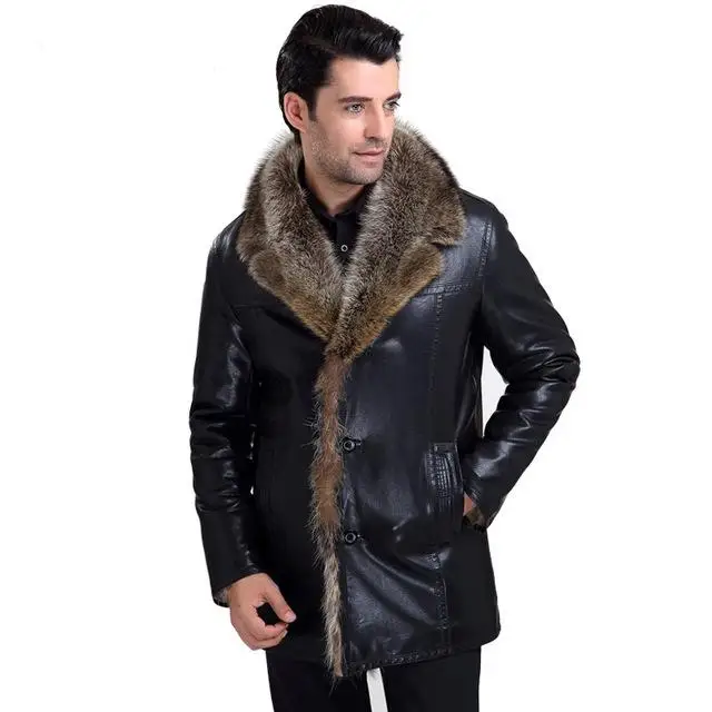 Abou зимнее модное мужское меховое пальто, сохраняющее тепло, кожаные куртки для мужчин, высокое качество, Лидер продаж, кожаная куртка с натуральным мехом на подкладке - Цвет: Черный