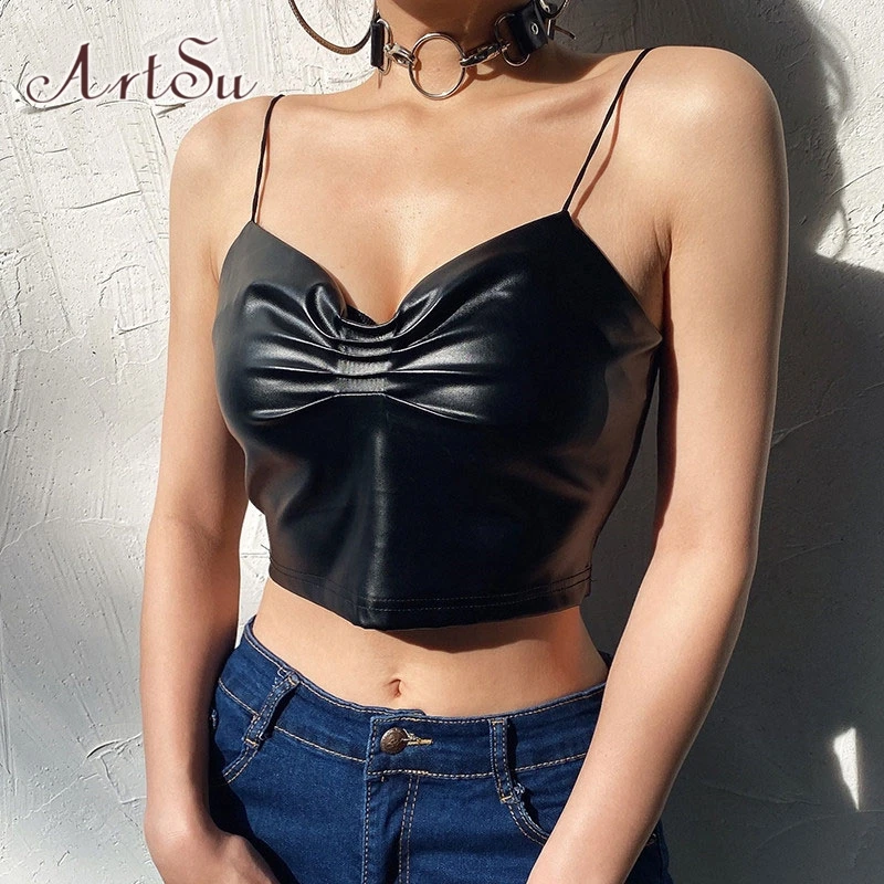ArtSu Pu Faux Leather Sleeveless Cami Top Summer Black Backless Spaghetti Strap Top Ruched Sexy Wrap Crop Top Harajuku ASVE20952