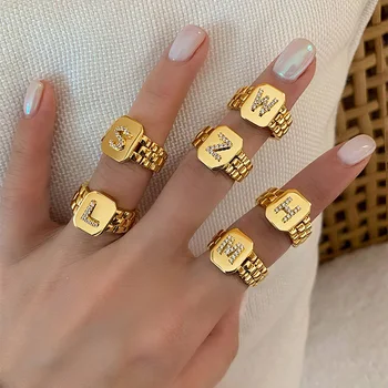 2021 Trendy Hiphop Adjustable 18k Gold Plated AAA Zircon A-Z Letter Ring Watchband Square Statement Gold Initial Rings For Women