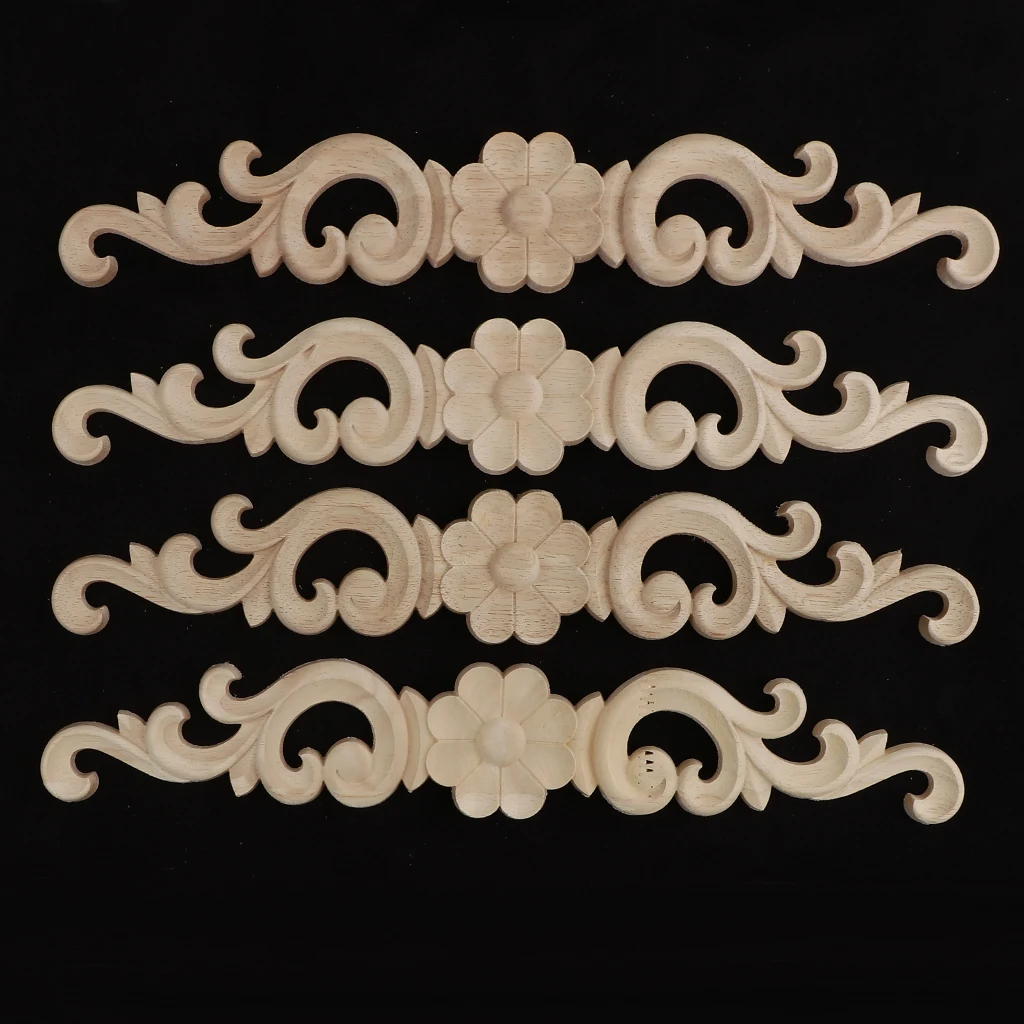 4pc Wood Carved Onlay Applique Craft Unpainted Furniture Home Decoration Crafts