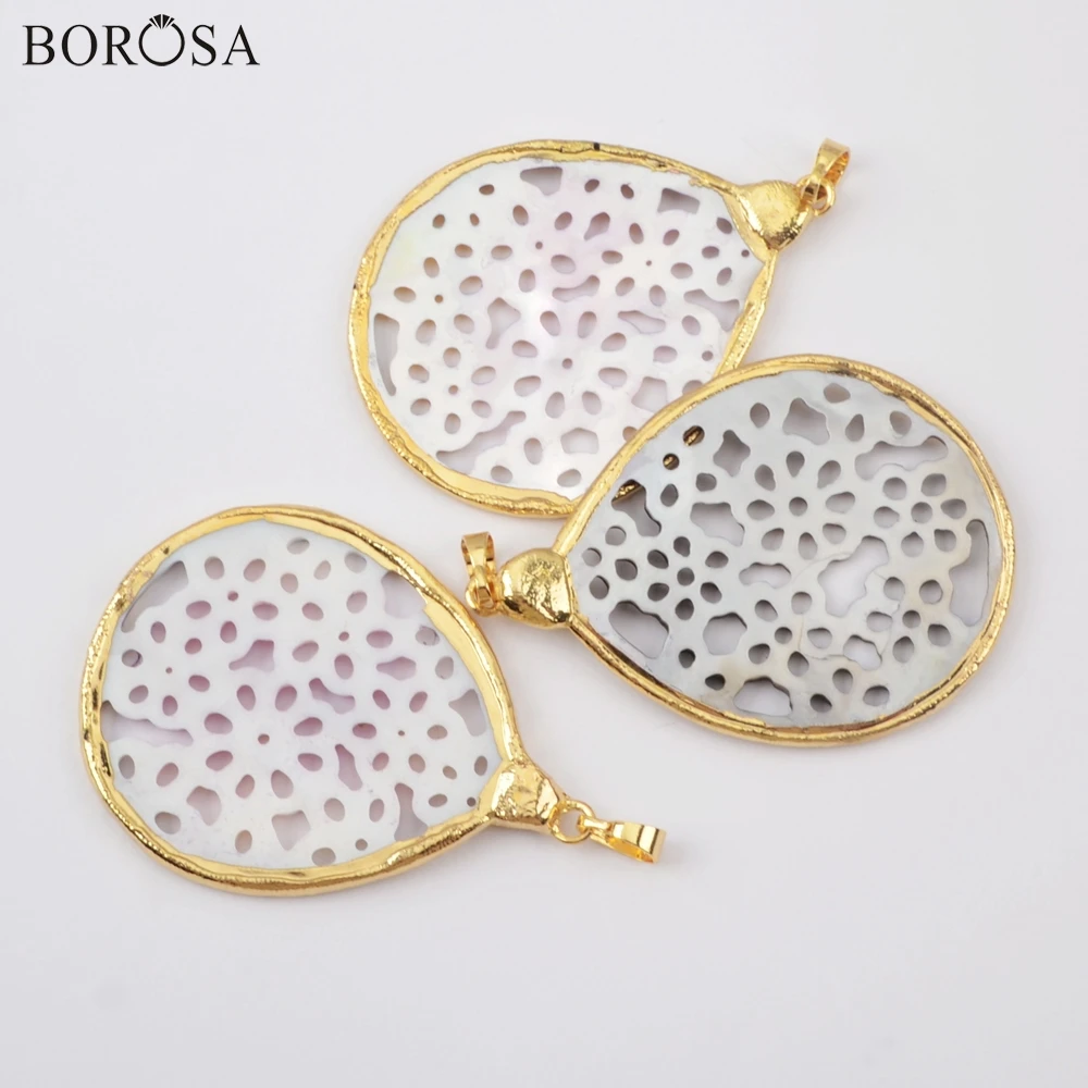 BOROSA 10 шт. позолоченная отделка висячая ручная резная Радужная желтая оболочка кулон перламутровый полый корпус для сережек ювелирные изделия G1899