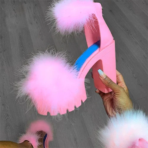 Woman Furry Sandals High Heels with Fur Female Platform Pumps Women Ankle Strap Women's Wedge Shoes 2021 Summer Dropshipping 6