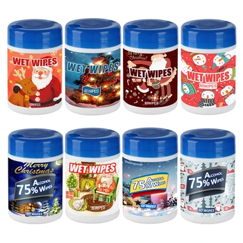 

80/60PCS Christmas Theme Bucket Sanitary Wipes Daily Hand Cleaner Sanitizer Cleaning Home Office For Party Disinfection Wipes