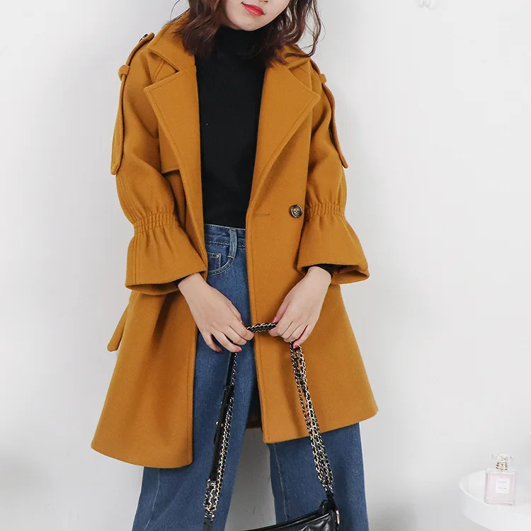 

Stock Women's Dress Processing 2019 Winter New Style Lace-up Fold-down Collar Waist Hugging Mid-length Woolen Coat 8.6