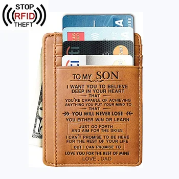 

TO MY SON Card Holder RFID Blocking Mini Slim Wallet Men Genuine Leather Minimalist Personalized Wallet Christmas Gift for Him