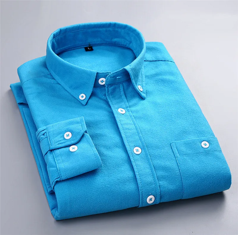 Peacock Blue Осенняя Вельветовая рубашка мужская Повседневная блуза с длинными рукавами рубашка на пуговицах рубашки - Цвет: Peacock Blue