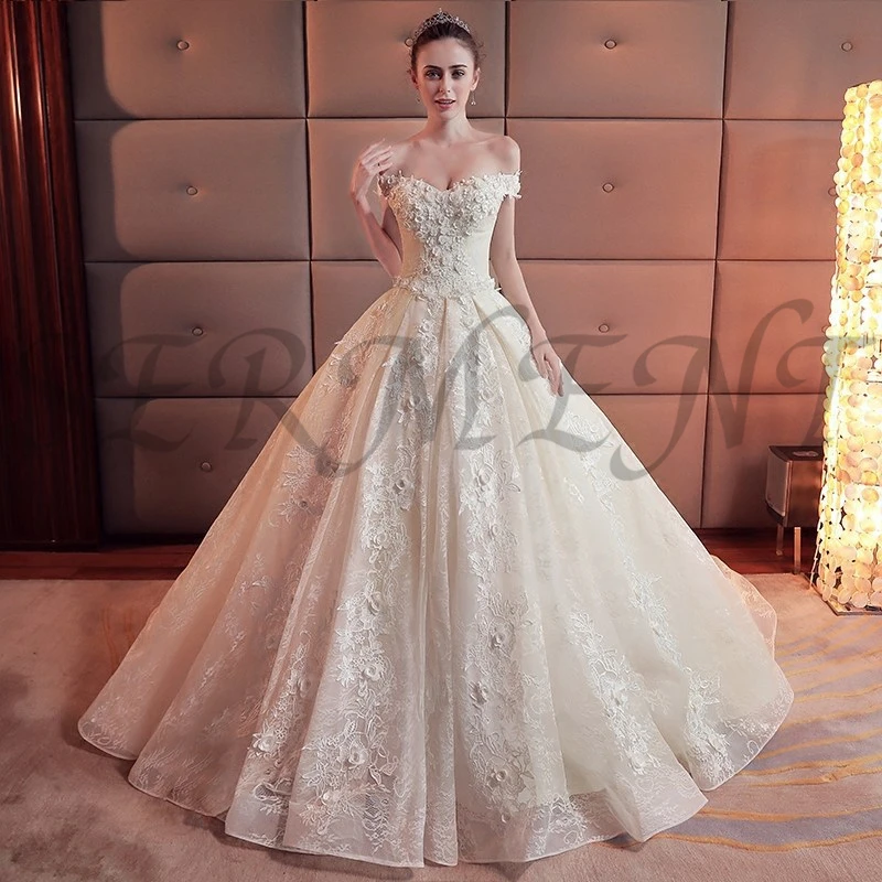 

OLLYMURS Main Wedding Dress 2019 New Bride Champagne Color Shoulder Summer Simple Long Tail French Light Sen Female