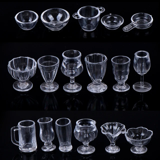17Pcs/Set 1:12 Dollhouse  Mini Transparent DIY Pretend Play Kitchenware Toy Drink Cups Dish Tableware Miniatures 2