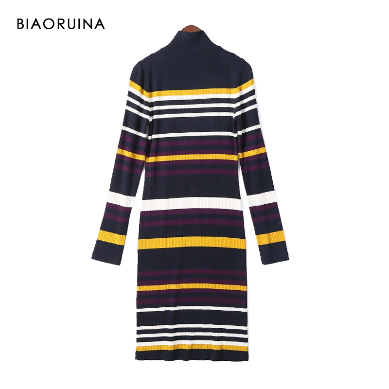 BIAORUINA, женское платье в разноцветную полоску, тонкое, стрейчевое, прямое, по колено, для офиса, леди, элегантное платье с высоким воротом, Vestidos