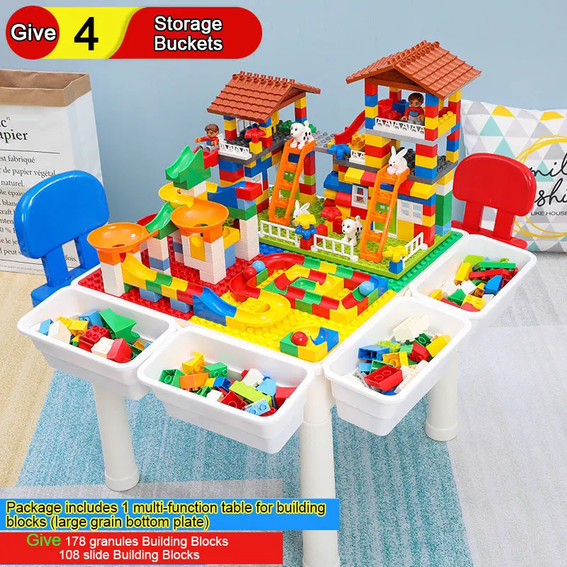 

New Chairs Table for Building Blocks Combination Give 178 Granules Building Blocks 108 Slide Building Blocks 4 Storage Buckets