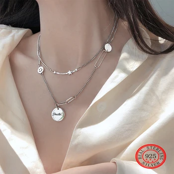 

S925 Sterling Silver Star Smiley Pendant Necklace Women Round Brand Fashion Chain Luxury Personalized Kpop Vintage Jewelry 2020