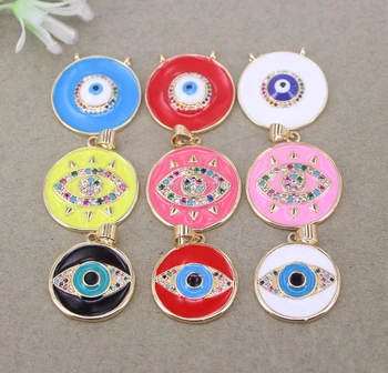 

10pcs Metal Copper Enamel Round Pendant Paved Eye and Micro CZ,CZ Evil Eye pendant For Jewelry Making