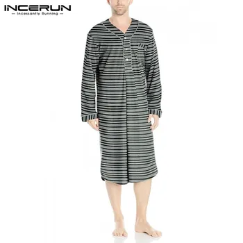

Men Sleep Robes Striped Long Sleeve V Neck Nightgown Male Leisure Breathable Bathrobes Pajamas Men Sleepwear Long Robes INCERUN