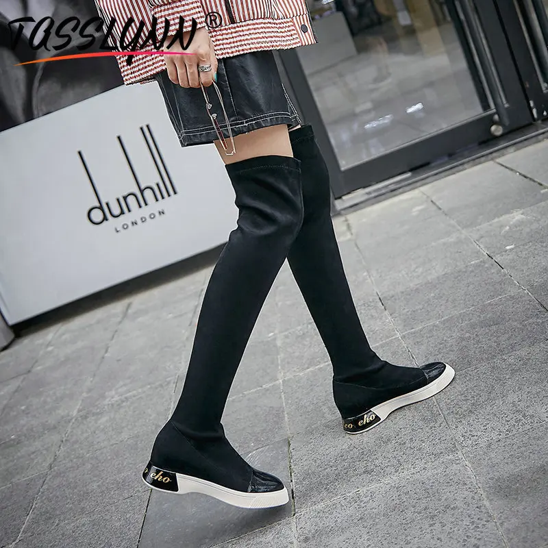 

TASSLYNN 2019 Height Increasing Slim Boots Korea Style High Heels Elegant Stretch Fabric Over The Knee Boots Round Toe 34-40