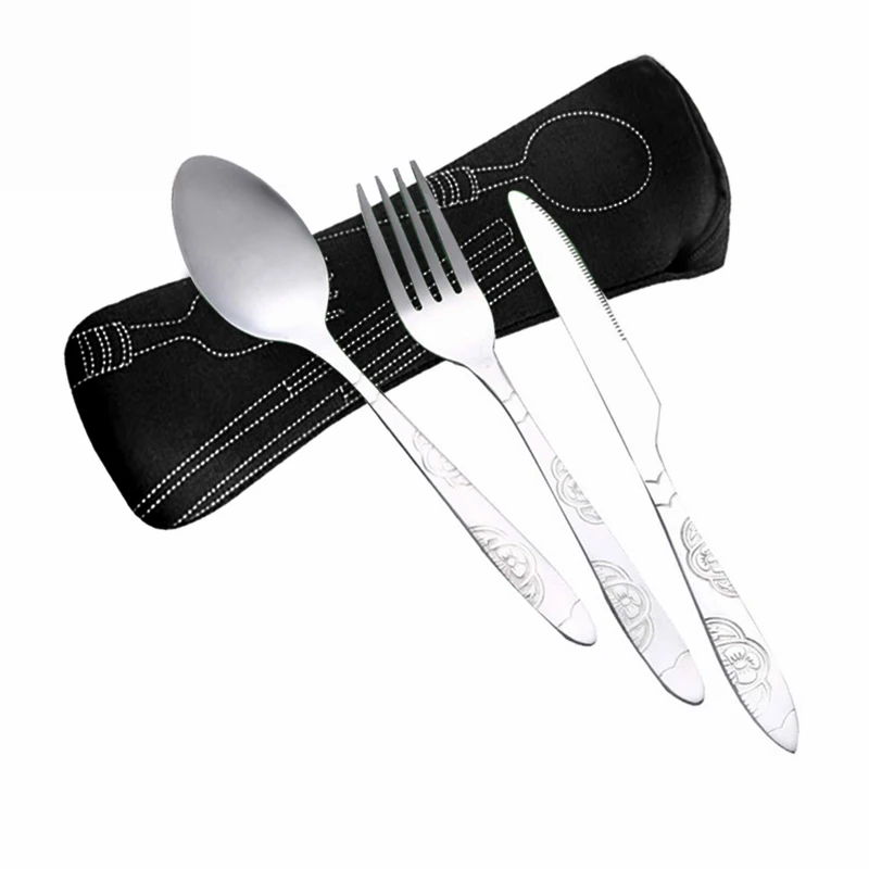 

Dinnerware Sets 3Pcs Stainless Steel Cutlery Set Flower Painting Outdoor Portable Tableware Set Tableware Case Kit