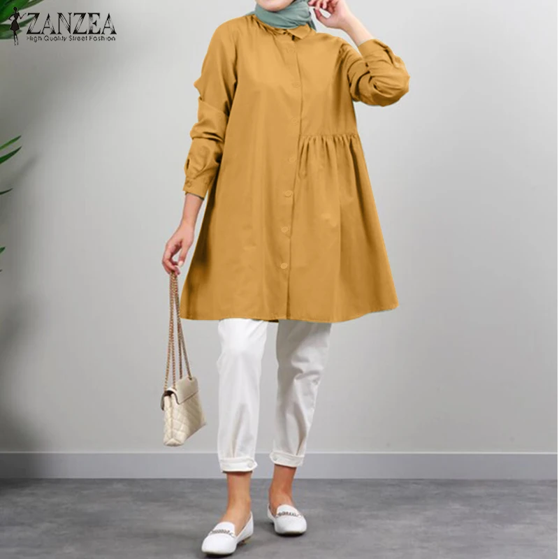 2021 Fashion Muslim Tops ZANZEA Spring Autumn Ruffle Tops Women Casual Solid Long Sleeve Single breasted Pullover Tunic Chemise