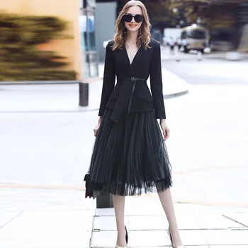 

2 piece set women clothes fashion 2020 spring Drawstring top two piece set skirt Formal Gauze black elegant V-Neck top