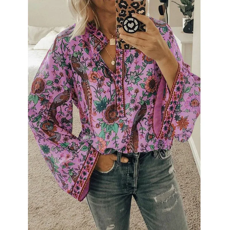 Lipswag 2019 Boho Blouse Peacock Floral Print Long Sleeve Shirt Casual V-neck Women Tops Summer Autumn Chic Blouses Female 2XL Lipswag 2019 Boho Blouse Peacock Floral Print Long Sleeve Shirt Casual V-neck Women Tops Summer Autumn Chic Blouses Female 2XL