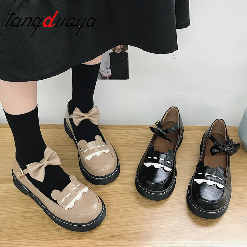 

Sweet lolita shoes detachable bowknot bandage mid heel round head women shoes comfortable kawaii girl loli cosplay shoes