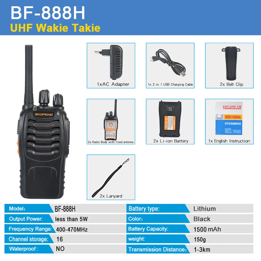 2pcs/pair USB Charger Walkie Talkie Baofeng BF-888H UHF 400-470MHz 16CH VOX Portable TWO WAY RADIO bf-888h