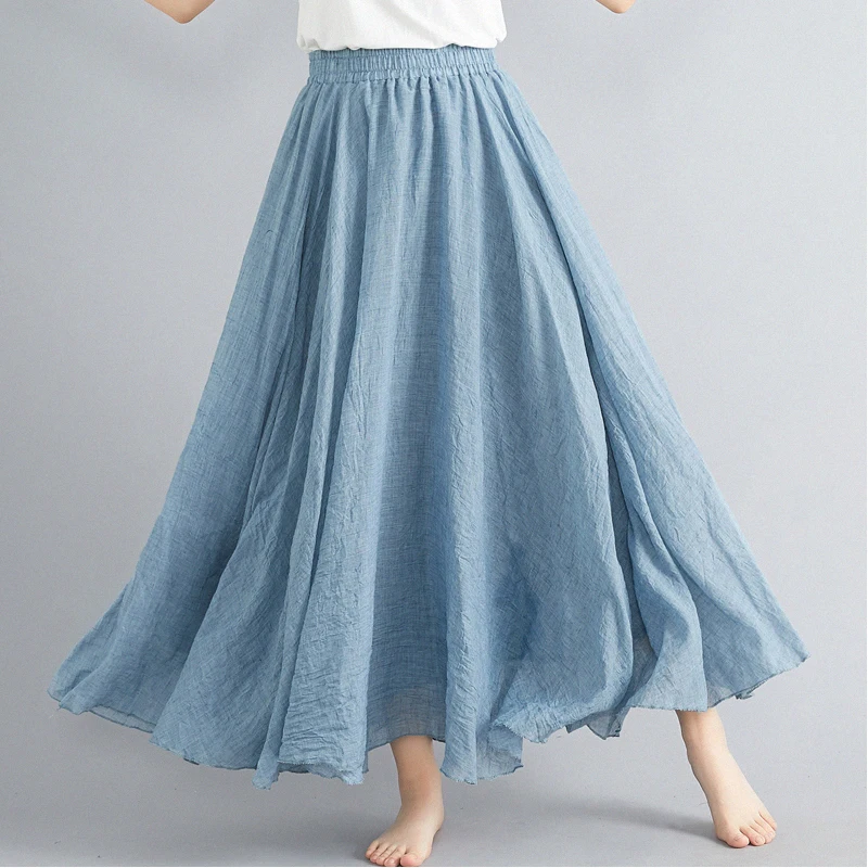 

100% Cotton Linen Maxi Skirt Women Spring Summer Elastic Waist Vintage Solid Pleated Long Skirts Mori Girl Boho Beach Skirt