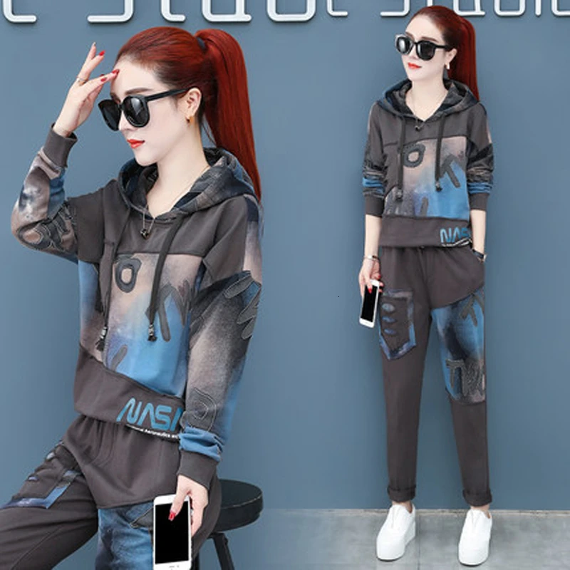 

Women Hoodies Print 2 Piece Set 2019 Autumn Casual Warm Clothes Tracksuit For Womens Set Top Pants Ladies Suit Black Clothing