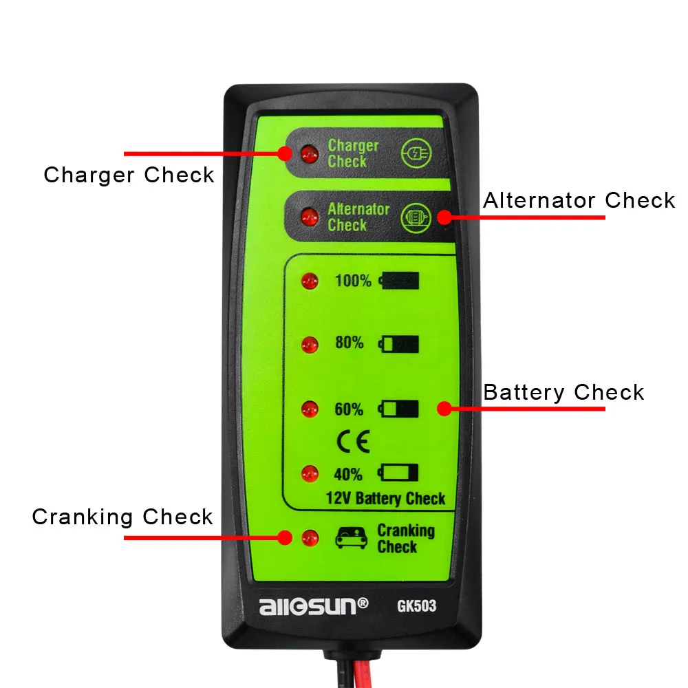 Mini 12V Automotive/ Car Battery Tester Charger/ Alternator/ Cranking Check with 6-LED Display Easy to Use All-sun GK503