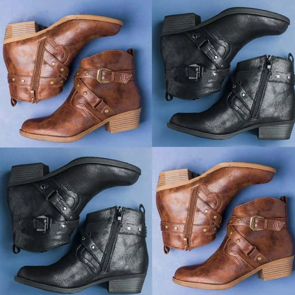 

Women's Rome Shoes Retro Solid Large Size Zipper Buckle Chunky Med Heels Boots Pointed Toe Shoes For Ladies 2019 Winter Booties
