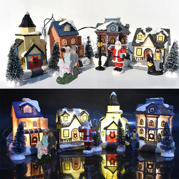 

10pcs/set Christmas Ornaments Luminous House Small Cabin Decoration Santa Claus Doll Set UD88