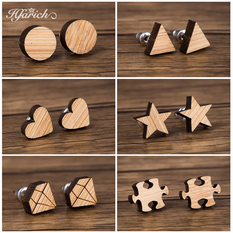 Hfarich Japanese Style Wood Star Diomand Earrings For Women Girls Triangle Small Round Geometric Stud Earring Jewelry Gift 2021 | Украшения