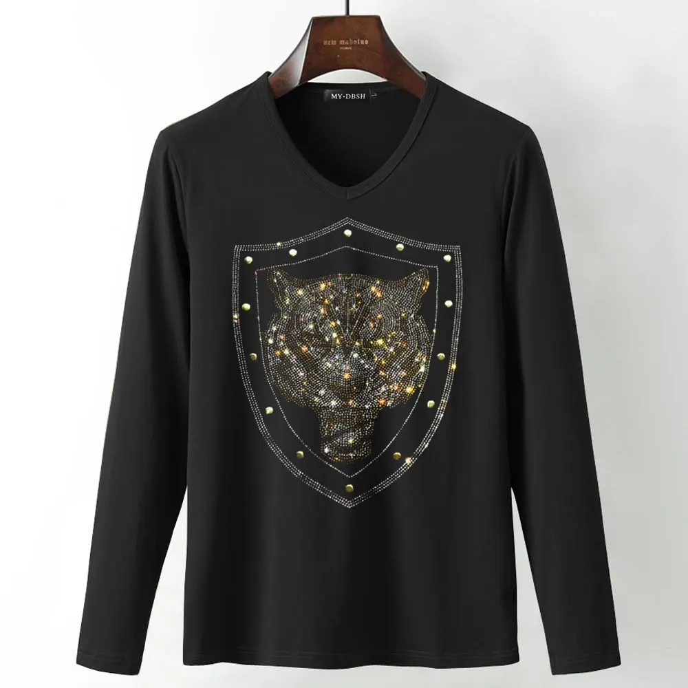 T007-V-Black Новые футболки с черепом и бриллиантами, тянущаяся хлопковая футболка с длинными рукавами, готический стиль, мужская Высококачественная футболка большого размера 5XL со стразами - Цвет: T007-V-Black