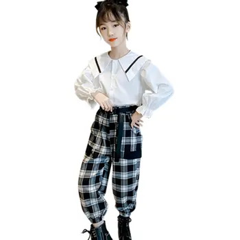 

New Fashion Girls Autumn Outfits Clothing Set Teenage Girls Shirts And Plaid Pants 2 Pieces Clothes Set For Age 4 5 7 9 11 14 Y
