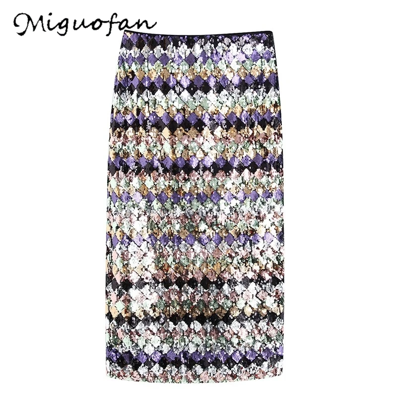 Miguofan женские макси юбки, клетчатые юбки с пайетками, Женская Блестящая юбка с разрезом, женские модные вечерние сексуальные длинные Облегающие юбки