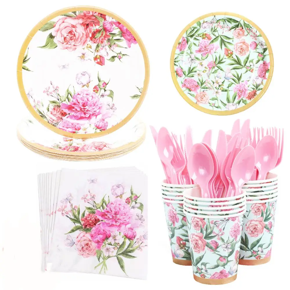 

High Quality Hawaiian Garden Party Disposable Tableware Flower Plate Paper Cup Napkin Summer Birthday Wedding Party Supplies