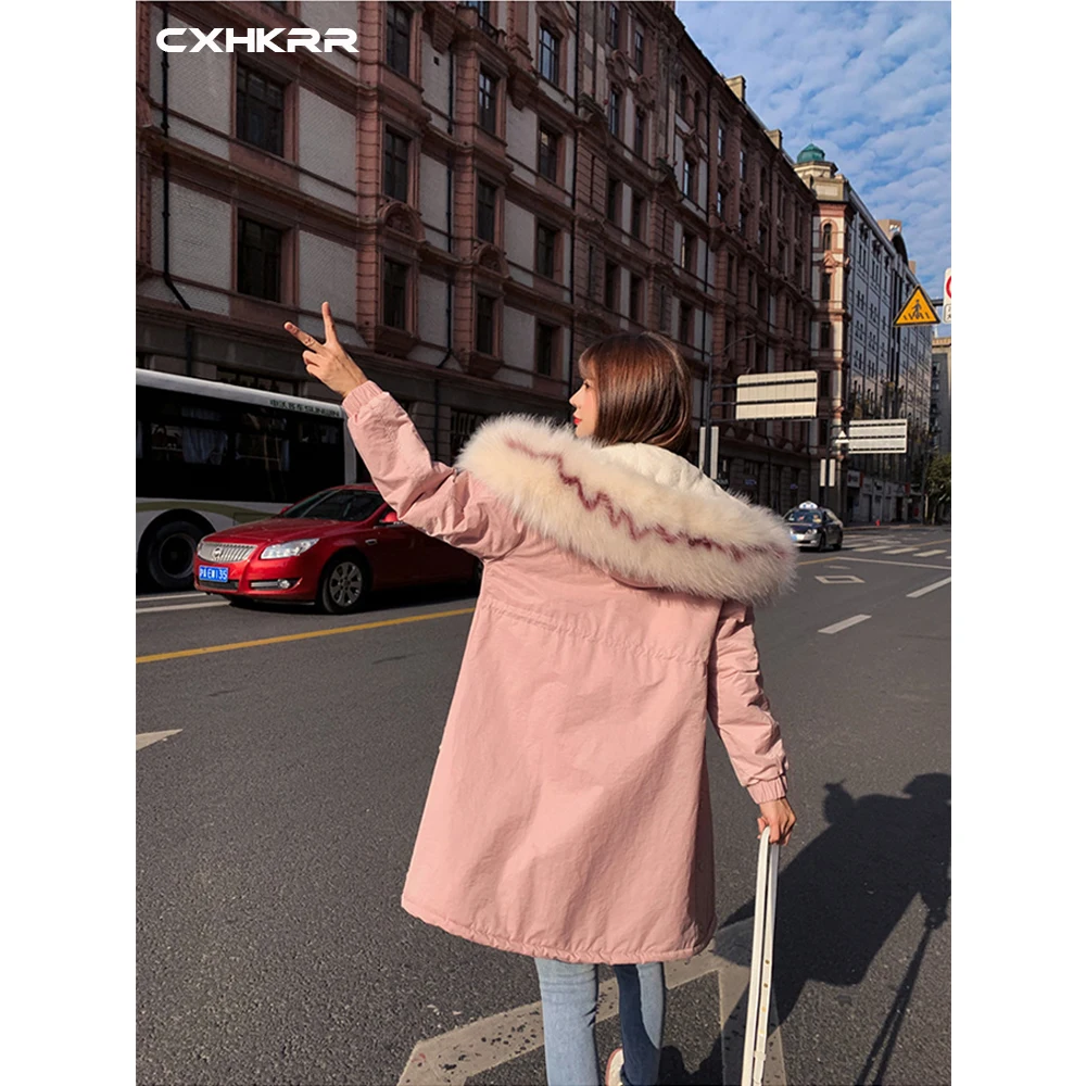 CXHKRR Fashion Long Parka Coat Jacket Oversized Cotton Jacket Women Winter Faux Fur Collar Hooded Jacket Cotton Women