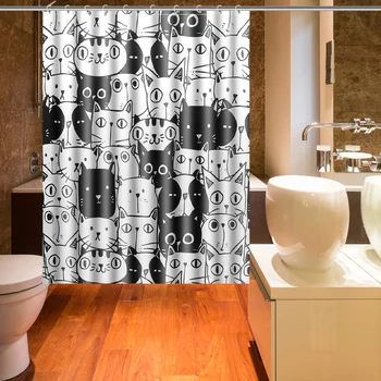 

1Pc Cat Pattern Cartoon Cat Waterproof Black And White Bathroom Pongee Curtain Shower Curtain Bath Curtain Bathing Accessories