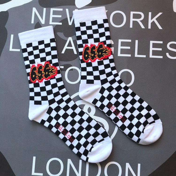 White Check666 Adult Size Mid Calf Crew Socks Orange Fire 666 Three Six Flame Check Chequered International Chess Black White Lattice Creative - Цвет: White Check666