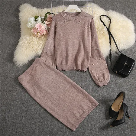 Хаки ALPHALMODA, новинка, женский свитер, юбка, костюмы, Свободный пуловер, жемчужный джемпер+ трикотажные юбки до колена, Женский Стильный Зимний комплект - Цвет: Хаки