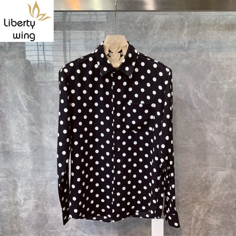 

Spring Autumn New Long Sleeve Polka Dot Men Street Casual Work Loose Tops Fashion Single Breasted Black Shirts Male