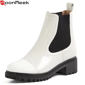 

MoonMeek 2020 New Brand fashion women boots genuine leather simple ladies shoes autumn winter slip-on ankle boots black