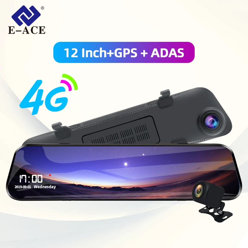 E-ACE Car Dvr 12 Inch Streaming Rear View Mirror 4G Android GPS Navigation Dash Cam FHD 1080P Auto