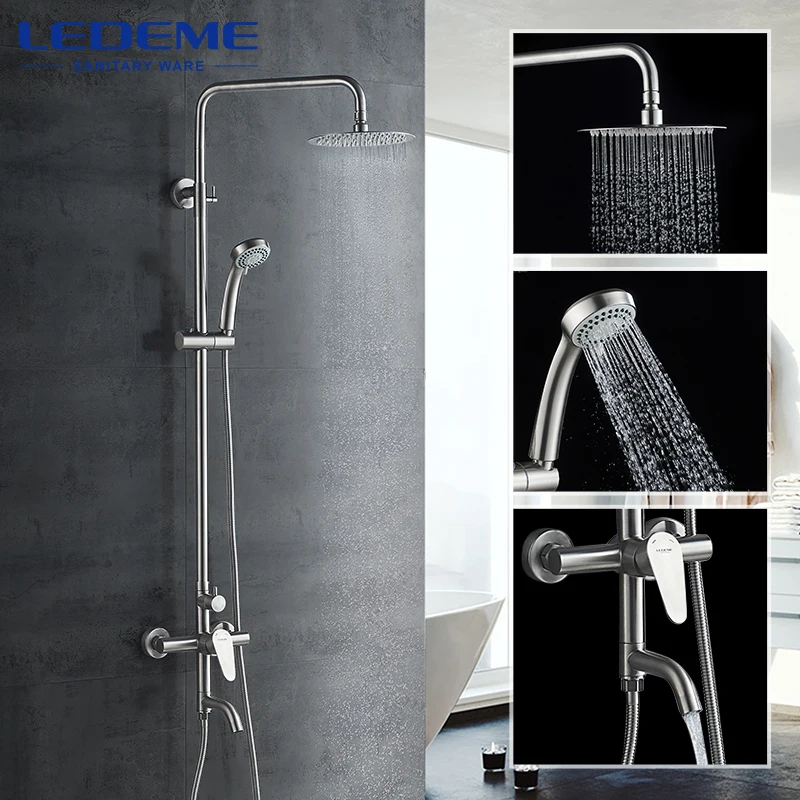 LEDEME Shower Mixers Faucet Brushed Rain Shower Faucets Taps Wall Round Hand Stainless Steel Mixer Tap Set L72402