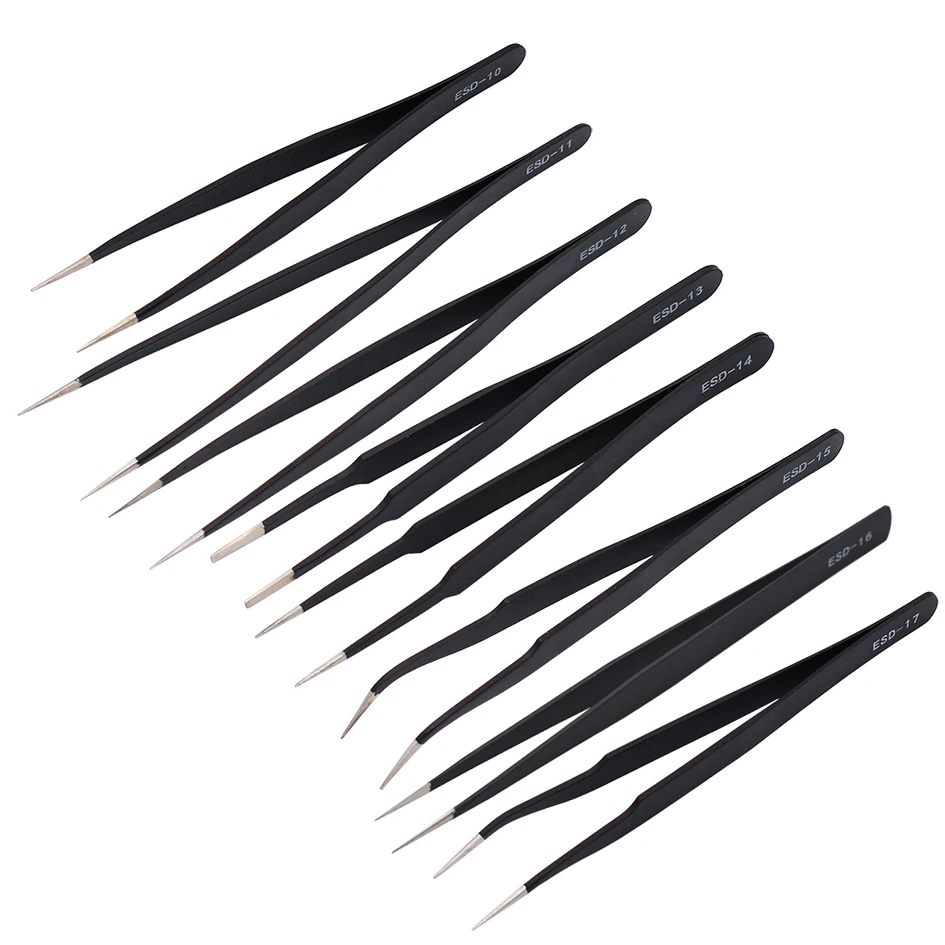 120pcs Yellow Package Black Tweezers HRC40 Antistatic Stainless Steel Nipper ESD-10 11 12 13 14 15 16 17 18 for Repairing