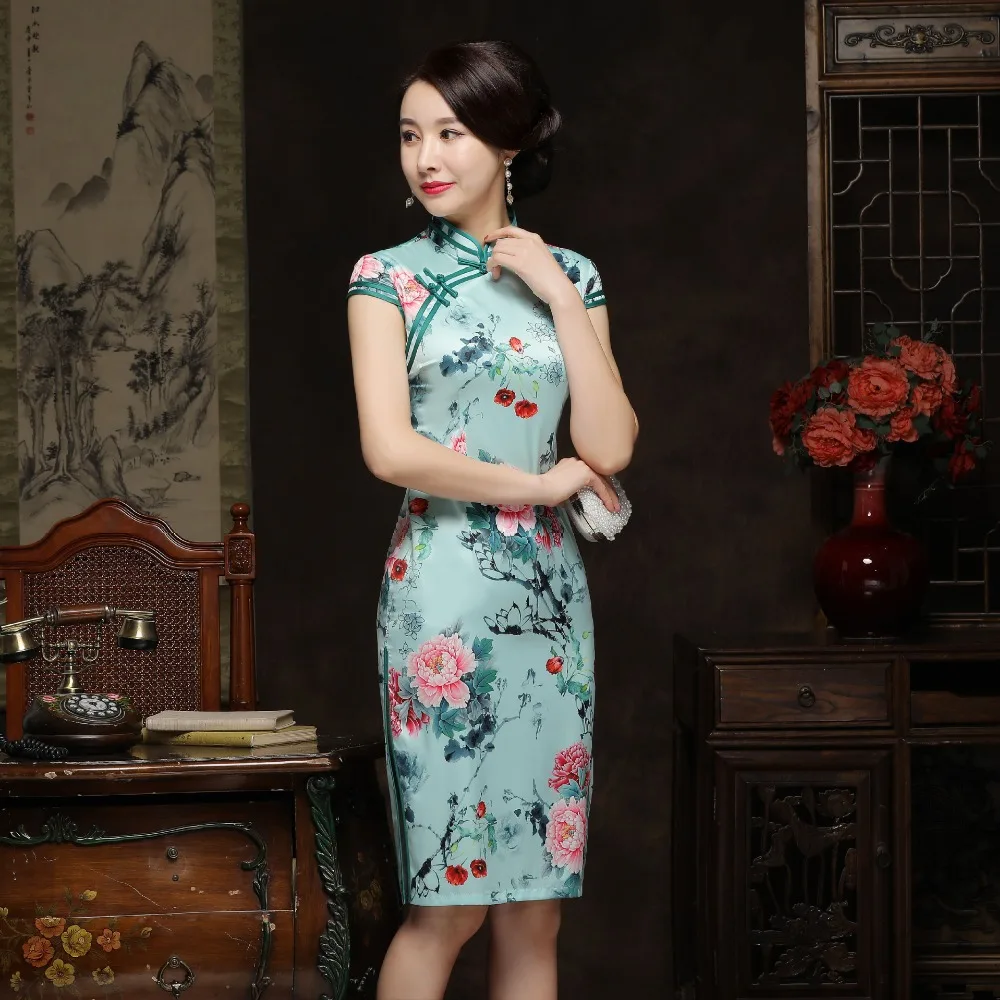 Китайский традиционный стиль Cheongsam элегантное женское платье ручной работы на пуговицах воротник стойка сексуальная длина до колена платье Размер m-xxxl