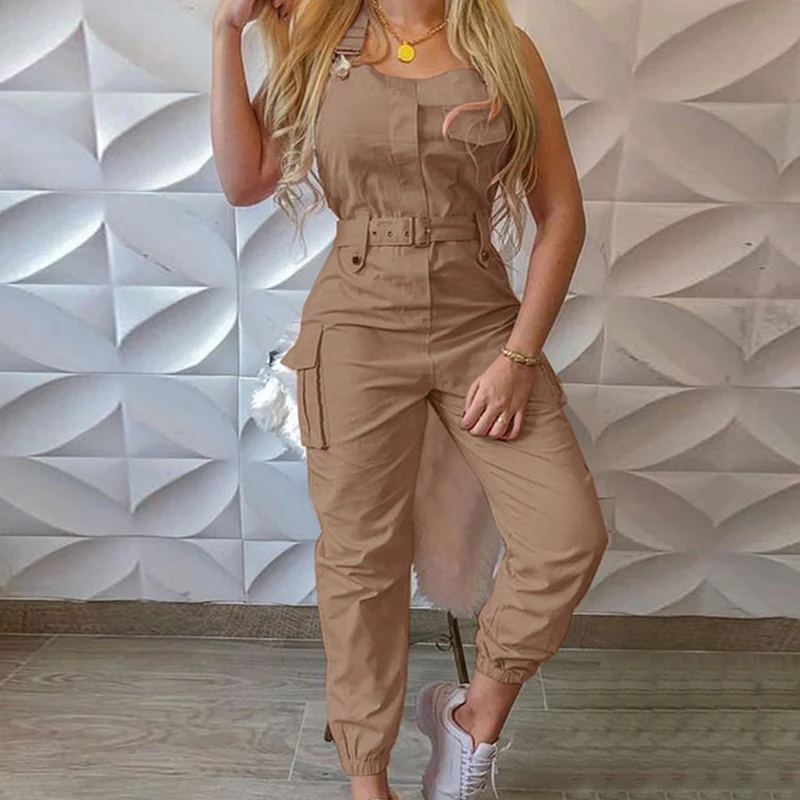 3XL Women High Waist Pocket Solid Jumpsuit Summer Sleeveless Straps Bodysuit Elegant Belted Button Office Ladies Romper Jumpsuit 3XL Women High Waist Pocket Solid Jumpsuit Summer Sleeveless Straps Bodysuit Elegant Belted Button Office Ladies Romper Jumpsuit