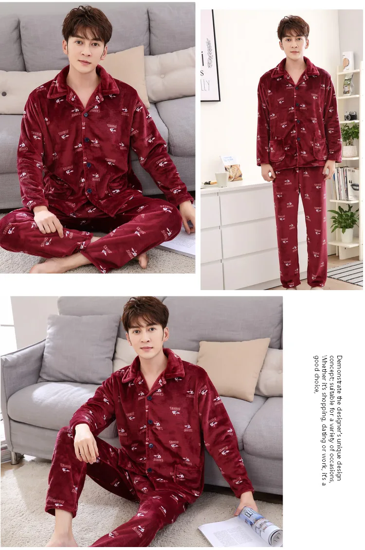 plaid pajama pants middle-aged and elderly large size loose Pajamas men's autumn winter home service long-sleeved flannel suit gray Nightgown silk loungewear