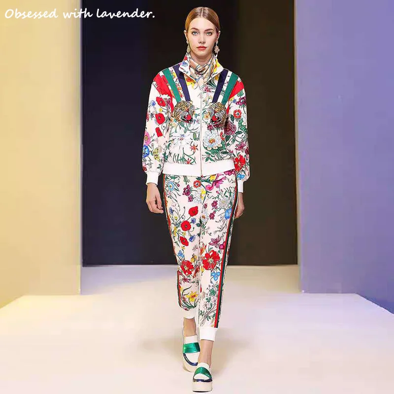 Spring and Autumn New Women's Heavy Industry Tiger Head Patch Color Matching Printing Letter Jacket Pants Set |