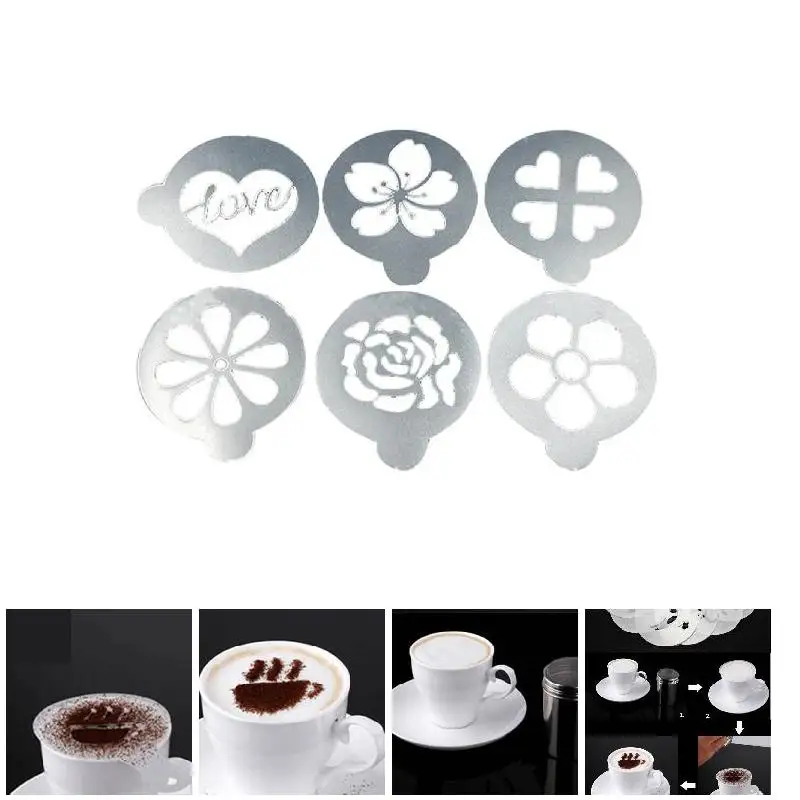 6Pcs/Set Coffee Stencil Plastic Milk Cake Cupcake Template Barista Cappuccino Latte Printing Model Spray Decoration Tool JS21