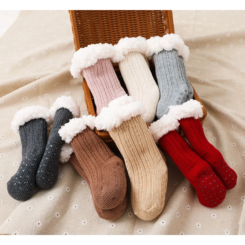 

Winter Baby Boys Girls Socks Thicken Knitted Short Socks Solid Warm Cotton Children Socks Toddlers Infants Anti Slip Floor Socks